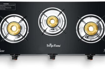 Suryaflame Splendor LPG 3 Burner Gas Stove with Brass Burner & Toughened Glass Top Glass Manual Gas Stove(3 Burners)