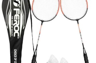 FEROC 2 Pieces Aluminium Badminton Racket with 3 Pieces Feather Shuttles with Full-Cover Set,Aluminum, Multicolor (Orange)