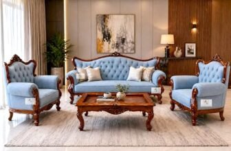 AS Wooden Handicraft Royal Carved Wooden Sofa Set | 3+1+1 Seater | with Floral Tufted Sky Blue Upholstery with Pillow Maharaja Carving | Victorian Style Furniture Tufted Sofa Set Walnut