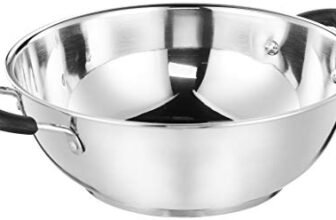 Amazon Brand – Solimo Stainless Steel Kadhai | Gas and Induction Compatible | Heavy Bottom for Better Heat Retention| 25 cm Dia | 3 L Capacity | Height: 15 cm | Diameter: 25 cm | Silver, 3000 ml