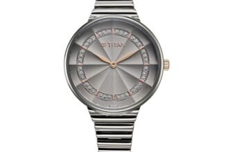 Titan Aura Quartz Analog Grey Dial Stainless Steel Strap Watch for Women-95245KM02