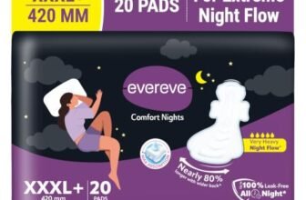 Evereve Comfort Nights Sanitary Pads XXXL+ 420mm, 20 Pads, 60% Longer with Wider back For All Night Care, Very Heavy Night Flow Absorption, Up to 100% Leak Protection, Rash-Free Breathable Comfort