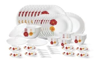 Larah by Borosil Zinnia Fluted Series Opalware Dinner Set | 63 Pieces for Family of 8 | Microwave & Dishwasher Safe | Bone-Ash Free | Crockery Set for Dining & Gifting | Plates & Bowls | White