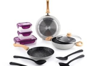 Crystal Aluminum 11 Pcs Non Stick Cookware Set with Induction Bottom | Tawa, Fry Pan, Kadhai with Lid, 4 Serving Spoons, 3 Containers | 4 Layer Non Stick Coating | PFOA Free | White
