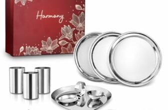 Wonderchef Harmony Premium Wedding Gift & Pooja Set | Plates, Bowls, Glasses, Spoons, Pooja Thali, Diya & Agarbatti Stand | Elegant Red Gift Box for Weddings, Festivals, Housewarmings