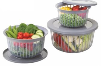 Amazon Brand – Solimo Plastic Linea Storage Containers with Lid Food Grade Set of 3 (1.3L, 2.3L & 3.8L) | Stackable Kitchen Storage Bowls, BPA-Free, Multipurpose Containers (Grey)