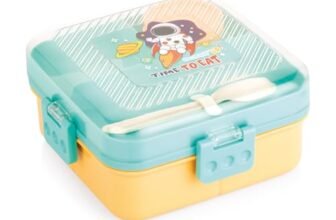 ATTRO My Lunch 2 Layer Plastic Lunch Box Comes with Fun Dinosaur Print, 1 Detachable Tray, 1 Small Container & 1 Spoon Ideal for Kids BPA Free 1590ml+70ml- Yellow