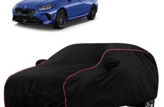 Sulfar 100% Water Resistant Car Body Cover Compatible with Mirror for BMW 2 Series Gran Coupe (Triple Stitched, Full Bottom Elastic, Black with Red Piping)