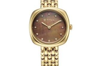 Titan Aura Phase Quartz Analog Brown Dial Golden Stainless Steel Strap Watch for Women-95241YM01