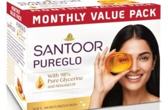 Santoor PureGlo Glycerine Soap with Almond Oil and Glycerine, 125g for Nourished Glowing Skin