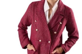 Sassafras Women Maroon Tweed Double-Breasted Blazer M