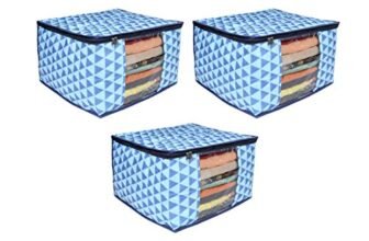 PrettyKrafts 3 layered non-woven Quilted saree Cover Bag/wardrobe organizer with transparent window (Pack of 3), Trio Blue