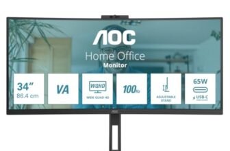 AOC CU34V5CW/BK 34inch Monitor Curved Ultra Wide WQHD 3440x1440p, 165Hz, 1ms, FreeSync Premium, Flicker-Free, Adjustable Stand, Built-in Speakers, Low Blue Light, USB Hub, Respawn 3-Year Warranty