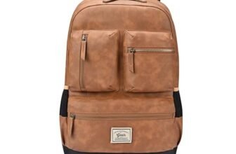 Gear Vintage Boxy 18″/26L Medium Faux Leather Water Resistant Laptop Backpack/Casual Bag/Daypack/College Backpack/Travel Backpack For Men/Women (Tan – Navy)