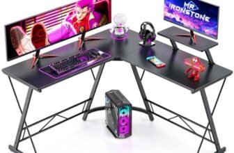 Mr IRONSTONE L Shaped Laminated Engineered Wood Finish Desk, Computer Corner Desk, Home Gaming Desk, Office Writing Workstation with Large Monitor Stand, Space-Saving, Easy to Assemble, Black