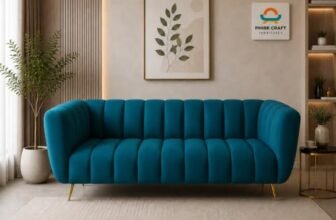 PHIRKCRAFT Velvet 3-Seater Kiki Sofa for Living Room | Modern Upholstered Couch with Channel-Tufted Backrest & Metal Accent Legs | Comfortable Seating for Bedroom, Office Lounge & Home Décor | Blue