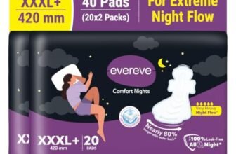 Evereve Comfort Nights Sanitary Pads XXXL+ 420mm, 80% Longer with Wider back For All Night Care, Very Heavy Night Flow Absorption, Up to 100% Leak Protection, Rash-Free Breathable Comfort, Pack of 20×2
