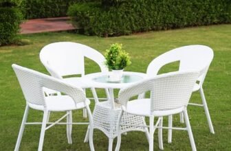 DEVOKO Aria 5-Piece Outdoor Rattan Wicker Patio Bistro Set for Garden, Backyard, Balcony, Porch, Poolside Furniture with White All-Weather Wicker and Glass Top Table