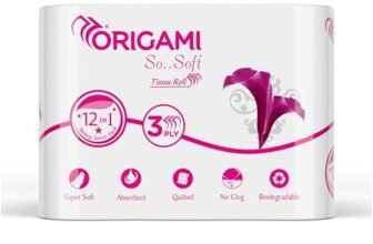 Origami 3 Ply Toilet Tissue Paper Roll – Pack of 12 (140 Pulls Per Roll, 1,680 Sheets)