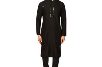 KISAH Men’s Kurta Churidar Set, Black Cotton Blend, Embroidered Regular Fit Mandarin Collar Long Sleeves (S)