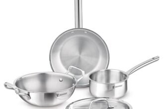 Bergner TriPro 4 Pcs Tri-Ply Stainless Steel Induction Bottom Cookware Set – 22cm (2L) Kadai and 22cm (1L) Frypan with Common Stainless Steel Lid, 14cm (1L) Teapan, Less Oil Use, Easy to Clean