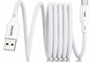 PHILIPS DLC4150AW/94 18W Type-A to Type-C Fast Charging Cable (1.5m, Bright White) | Nylon Braided | Compatible with iPhone 15+ Series, USB-C iPad Models, Samsung Galaxy & All Type C Devices