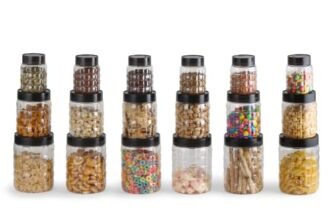 CELLO Checkers Kitchen Storage Container Box Set of 18 Pcs Grey (6x300ml, 6x650ml, 6x1200ml) | Transparent Unbreakable Fridge Safe Stackable Airtight Storage Canister Set For Spices Dry Fruits Grains