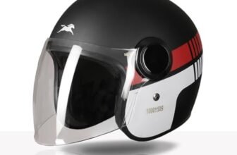 TVS Silk Route Helmet for Men & Women | Vintage Open Face Helmet with Clear Visor | ISI & DOT Certified | ABS Shell | EPS Liner | Retro Stylish for City & Highway Riding (Black Red/L)