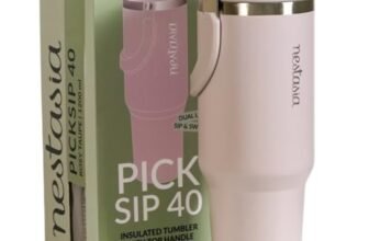Nestasia PickSip40 Tumbler with Straw & Top Handle 1.2L | Two Sided Lid with Sip & Gulp – Leakproof & Dustproof | Insulated Stainless Steel Sipper Water Bottle for Adults for Office & Gym (Rosy Taupe)