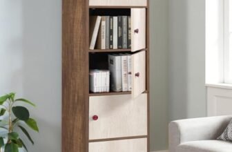 ABOUT SPACE Wooden Book Rack – 5 Tier Storage Cabinet for Living Room with Magnetic Door, Space Saving Book Self for Home, Engineered Wood Cabinet (Walnut – L 38 x B 38.5 x H 165.5 cm)
