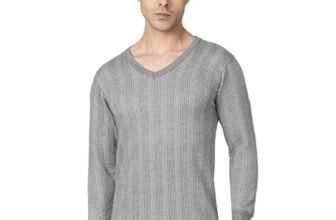 Dixcy Scott Originals Mens Dark V-Neck Full Sleeves Solid Thermal Tops(Grey Melange)-L