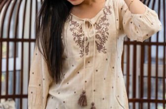 RR SA KURTIS Casual Embroidered Women Beige Top