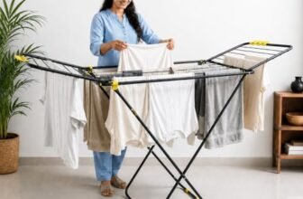 BonKaso Foldable Cloth Drying Stand for Drying Clothes, 3-Way Folding with 20 Drying Rails, Lightweight Alloy Steel, Flat Folding Design | Indoor & Outdoor Clothes Dryer Yellow