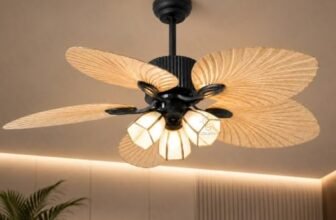 Glowave® Metal Body 5 Brown Palm Leaf Wooden Crafted Blades Chandelier Fan Light with Reversible Motion Remote Control for Kitchen, Cafes, Hotels, Dining, Bar (FI-7733-L)