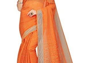 RANI SAAHIBA Women’s Cotton Blend Woven Border Printed Saree with Blouse Piece (SKR9062_Orange)