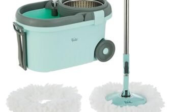 Amazon Brand – Presto! Clean Steel Spin Mop | Plastic & Stainless Steel | 2 Microfiber Refills | Big Wheels with Drag Handle | 360° Spin | Telescopic Handle | Green