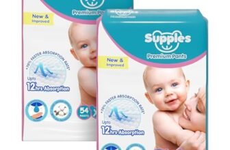 Amazon Brand – Supples Premium Baby Diaper Pants | 108 Baby Diapers | XL | 12-17 Kg | 12 Hrs Absorption | Cushiony Cotton Soft Fabric | Phthalates-Free | Triple Leak Guard | 54 Count, Pack of 2
