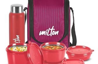 MILTON Pro Lunch Box with Steel Cutlery, 3 Microwave Safe Inner Steel Containers (180 ml, 320 ml, 450 ml), Plastic Chutney Dabba,100 ml, Bottle, 750 ml with Insulated Bag, Office Tiffin, Maroon