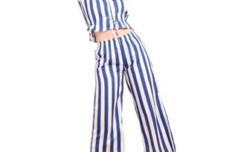 POPWINGS Casual Stripe Printed Crop Top and Trouser Co-Ords Set for Women || Top and Bottom Set for Women || Women Top and Trousers Set | Women Latest Trendy Co Ords Set || Two Piece Set for Women