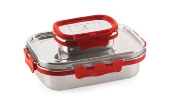 ATTRO Shine Medium Stainless Steel Lunch Box 2-Piece Set – 800ml + 150ml – Leak-Proof, BPA-Free, Compact & Durable – Ideal for Kids, Office, Travel – Red