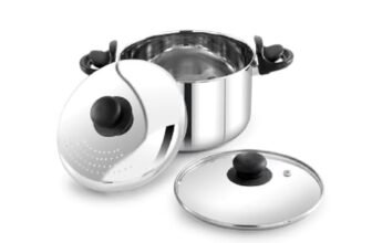 Praylady 3.0L Stainless Steel Strainer Pot with Glass Lid (20 CM) – Induction Base Multi-Purpose Cooking Pot for Rice, Vegetables, Noodles & Pasta Pot – Anti-Locking, Dishwasher Safe.