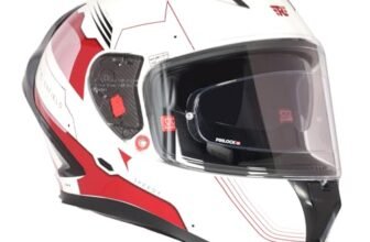 Royal Enfield SPEEDX Full FACE Blitz with Sun Visor & aerodynamic Spoiler | Certification: ISI & DOT |Liner: Dual EPS Expanded Polystyrene| UV Treated Surface | Polygiene Fabric White &RED (XL) 62CM