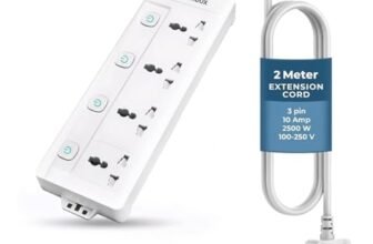 EMBOX Extension Board with Switches 2500 W, 4 Universal Sockets, Individual Switch, Safety Shutter Spike Guard, LED Indicator and Safety Shutter