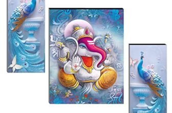 Indianara Set of 3 Ganesha with Peacocks MDF Art Painting (3880FL) without glass 4.5 X 12, 9 X 12, 4.5 X 12 INCH