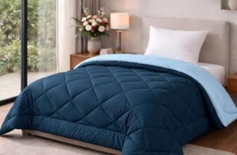 HOMEKART 220 GSM Solid Plain Reversible Summer Microfiber AC Comforter/Duvet| All Season Single Size 3 Layered Quilted Blanket for Single Bed (220 cm x 152 cm, Teal Blue and Grey)| TC – 250