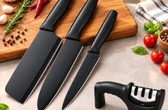 KELVRA Kitchen Knife Set 3-Piece with Knife Sharpener Tool, Stainless Steel Chef Knives, Sharp Cutting Knives for Kitchen, Vegetable, Fruit & Meat Cutting (3 Knife Set + Knife sharpner)