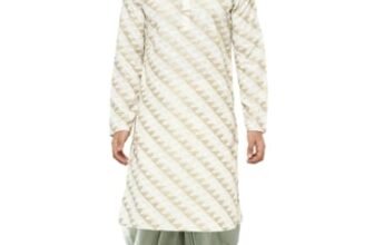 KISAH Men’s Kurta, Cream Cotton Blend, Printed Regular Fit Mandarin Collar Long Sleeves (S)