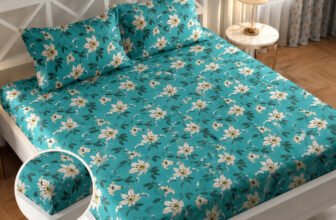 IWS Cotton Double Fitted (Elastic) 144 TC Floral 1 Bedsheet(Green, White)
