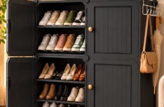 LERIMO Plastic Shoe Rack with Door for Home | 8 Shelf, 4 Door DIY Shoe Cabinet | Metal Door Frame | Chappal, Slipper & Shoe Stand | 64 x 84 x 32 cm (Grey, 4 Door)