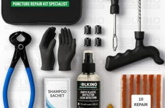 OLKINO 12-in-1 Tubeless Tyre Puncture Repair Kit for Cars & Bikes | Heavy-Duty T-Handle Tools & 10 High-Grip Repair Strips | with Plier, Solution, Cutter, Gloves (with Storage Bag)